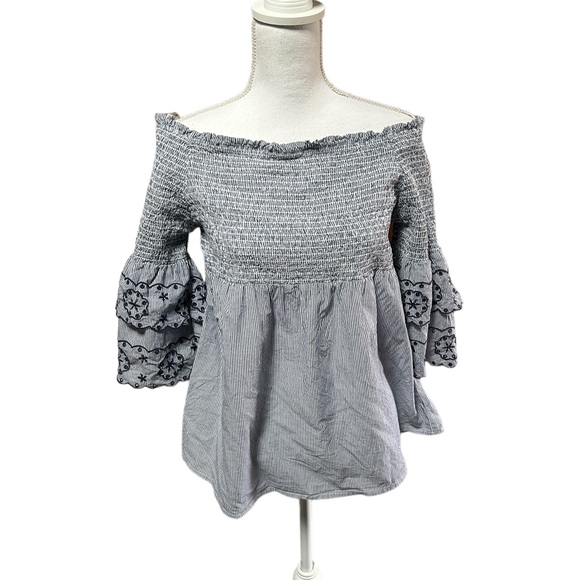 BeachLunchLounge, large, blue embroidered off the shoulder top. Cotton. - Picture 5 of 10